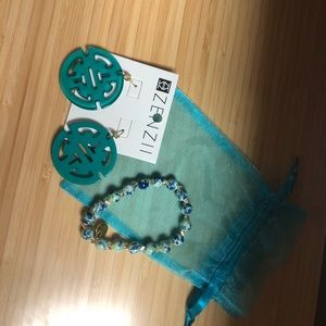 Earrings and bracelet turquoise in color.